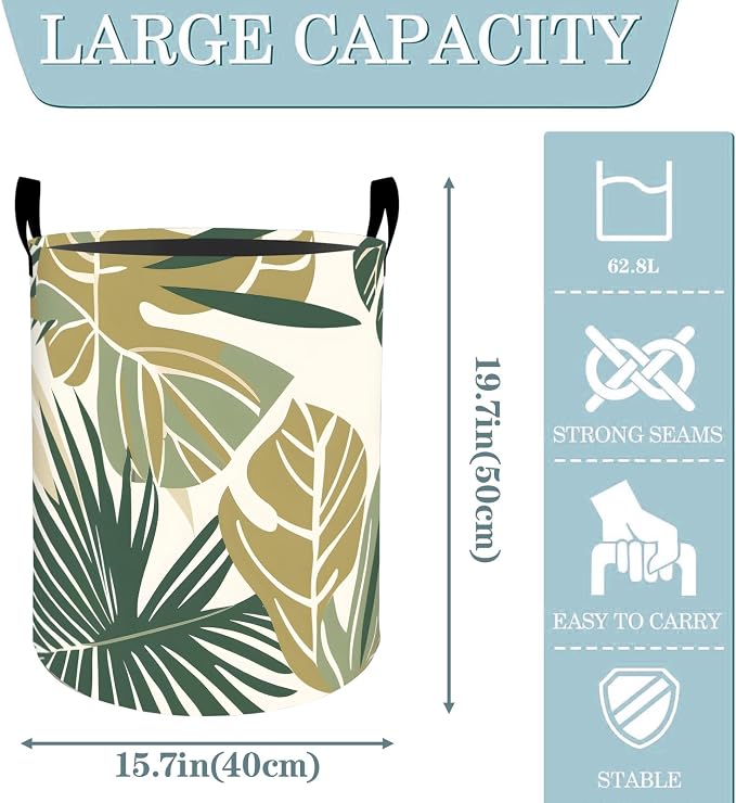 Tropical Palm Monstera Leaf Laundry Basket, Dirty Collapsible Clothes Toy Organizer Hamper for Kids Adults, Oxford Cloth Waterproof Storage Bin for Room Bathroom Home Decor Gifts, 19.7"X15.7"