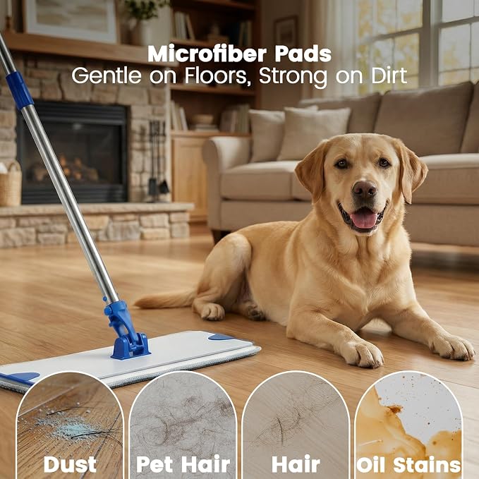 18" Professional Microfiber Mop, Flat Mop with Aluminum Alloy Base&Stainless Steel Handle for Floor Cleaning, Wet Dry Dust Floor Mops for Hardwood, Tile, Laminate