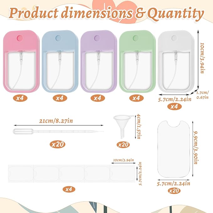 20 Pack Sublimation Blanks Card Perfume Spray Bottle, 45 ml | Mini Portable Sprayer Bottle with Funnel, Perfume Dispenser, Double-Sided Sublimation Aluminum Sheets, Travel Accessory