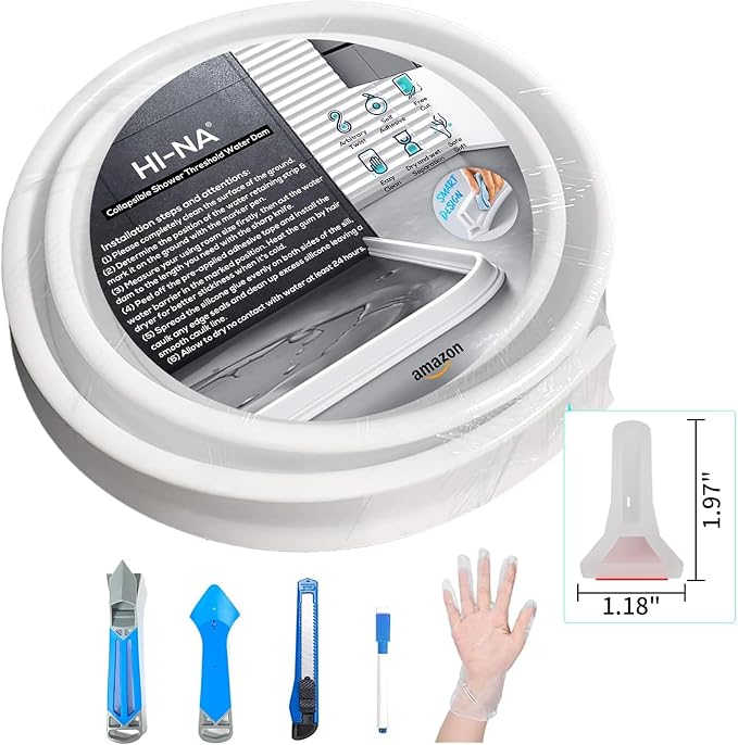Hi-Na 3ft/5ft/6ft/8ft10ft Collapsible Shower Threshold Water Dam Water Barrier for Shower and Water Stopper Keeps Water Inside Water Threshold for Wet and Dry Separation (5ft, Clear)