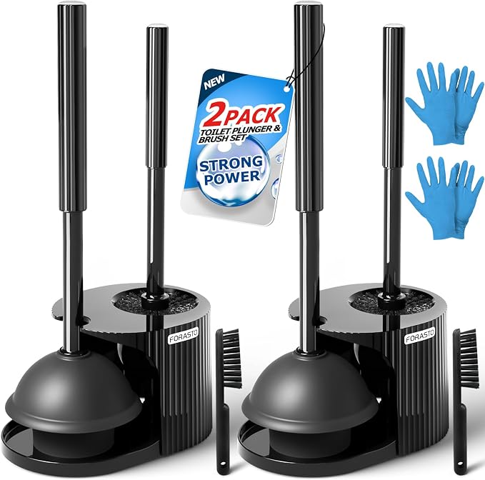 FORASTO 2Pack 4in1 Toilet Plunger and Brush Set - Bathroom Cleaning Tools | 21", Groove Gap Brush, Cleaning Gloves, Heavy Duty Toilet Bowl Cleaner, Apartment Must Haves Bathroom Decor Accessories