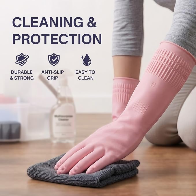 Rubber Dishwashing Gloves, Reusable Cleaning Gloves with Long Cuffs