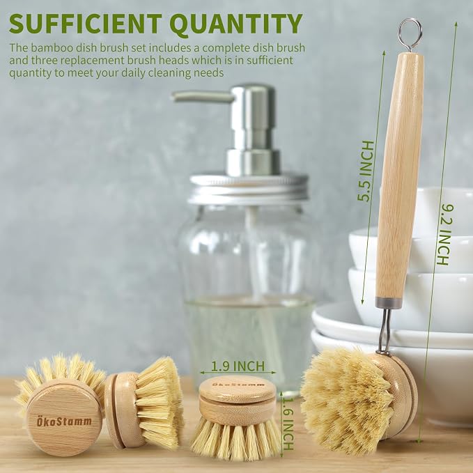 Long Handle Bamboo Dish Brush Set with 4 Replacement Brush Head | No Plastic, Bamboo Handle and Sisal Bristle, Natural Dish Scrubber Brush, Used for Cleaning Dish, Pan, Pot, Fruit and Veggie