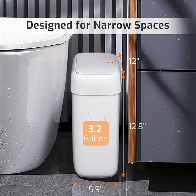 Small Bathroom Trash Can with Lid, 3.2 Gallon Garbage Can with Pop-Up Lid | Press Top Lid, Dog Proof, Slim for Small Space, Premium Plastic, Easy to Use Waste Basket for Room, Office, Toilet, Rv, White