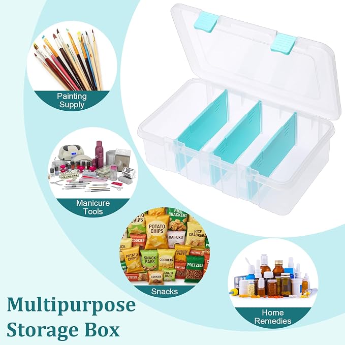 BTSKY Clear Plastic Dividing Storage Box with 4 Compartments Adjustable Storage Bin with Lid Plastic Craft Storage Container Multipurpose Sewing Box Art Supply Organizer, 13.3x8.1x3.4 Inches | 13.3x8.1x3.4 Inches Adjustable Storage Bin with Lid Plastic...