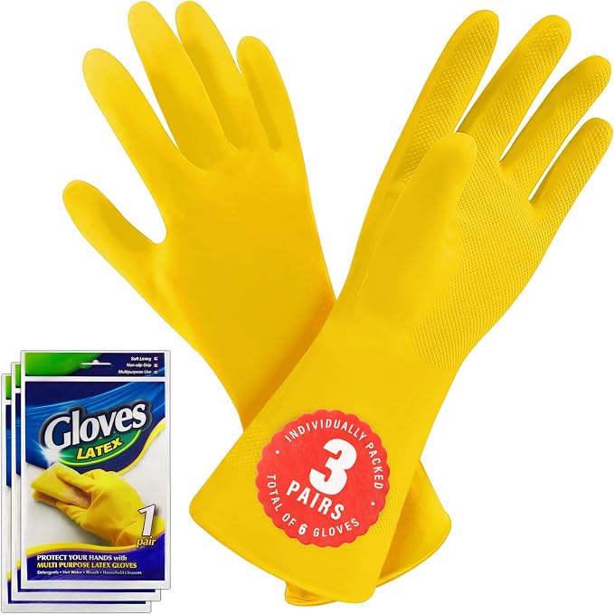 SteadMax 3/6 Pairs Cleaning Gloves, Reusable Natural Rubber Dish Gloves, Non-Slip Gloves for Kitchen and Household