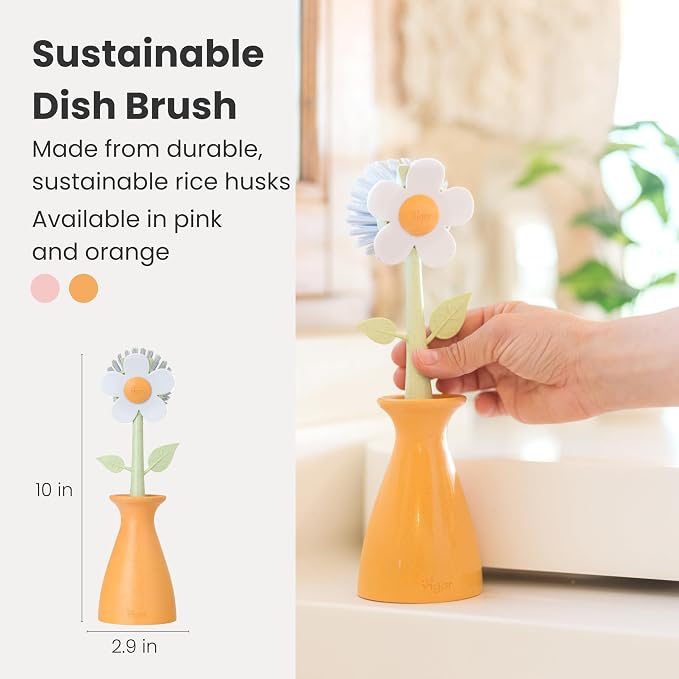 Vigar Florganic Dish Brush with Holder, Dish Scrubber, Orange | Dish Scrubber With Handle, Pot Scrubber, Kitchen Scrub Brush, Dishwashing Brush Tool for Sink Cleaning