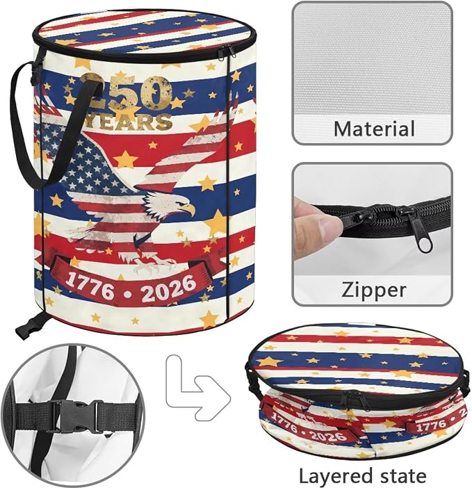 American Eagle Collapsible Trash Can for Outdoor 24 Gallon Foldable Garbage Bin with Lid, Heavy Duty Waterproof Trash Bag Holder for Camping, RV Travel, 4th of July Decor,