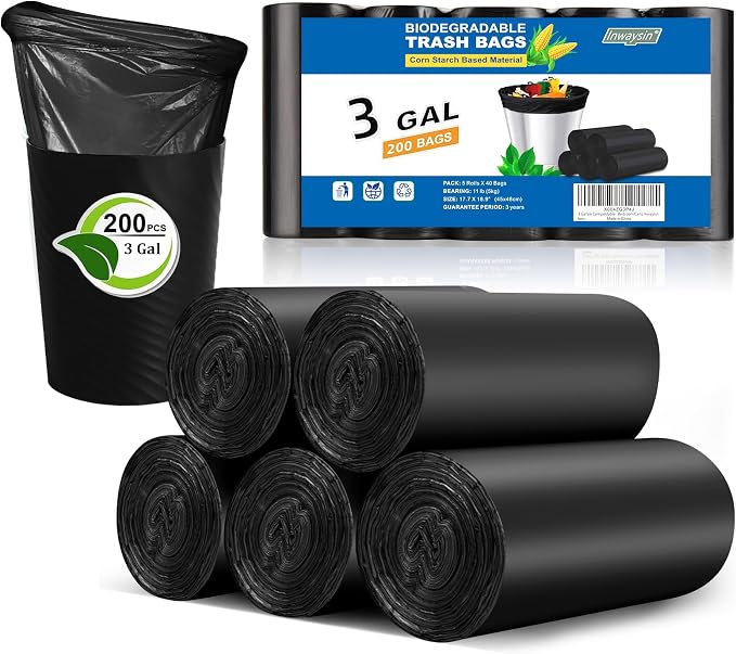 3 Gallon Compostable Trash Bags - Black Small Garbage Bag Bulk 200 Count Heavy Duty Wastebasket Liners Waterproof Tear-Resistant Unscented Recycling for Standard Bedroom Cans Inwaysin