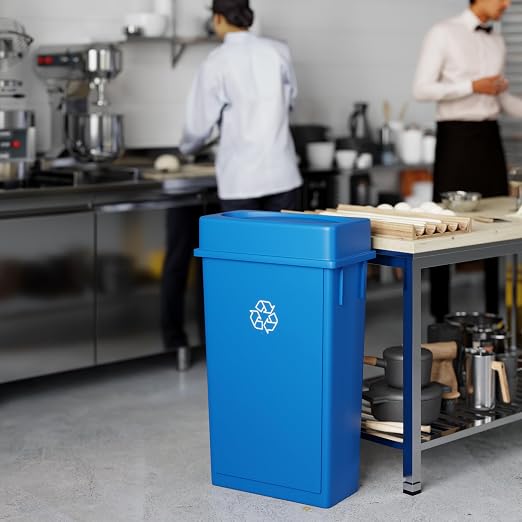 23 Gallon Blue Rectangular Slim Trash Can with Drop Shot Lid | Great for Home, Commercial, or Restaurant Use.