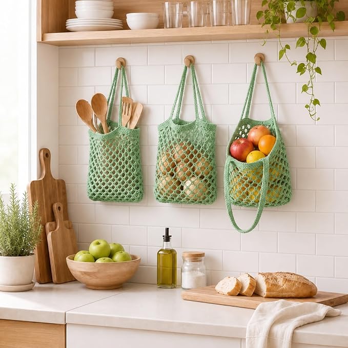 3 Hanging Baskets,Sage Green,Mesh,Cotton Rope | Wicker Wall Baskets with Hooks for Fruit Vegetable Onion Storage, Teardrop Organizer for Kitchen, Boho Farmhouse Decor