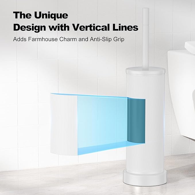 Metal Vertical Grain Toilet Bowl Brush and Holder Set Scrubber White | Extra Long Handle with Splash Guard Cover, Bathroom Space-Saving, Heavy Durable Deep Cleaning, Cleaner Sets for Apartments