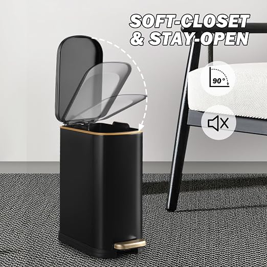 SYNCVIBE Bathroom Trash Can with Soft Close Lid 3.5 Gallon Matte Black | Stainless Steel Garbage Can with Removable Inner Bucket Slim Trash Bins with Step Pedal for Bedroom, Office