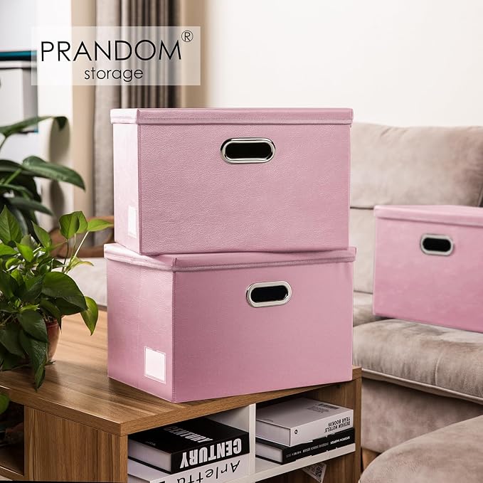 Large Stackable Storage Bins with Lids [5-Pack] Leather Fabric Foldable Storage Boxes Organizer Containers Baskets Cube with Cover for Bedroom Closet Office Nursery Pink (17.7x11.8x11.8)