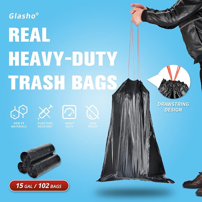 15 Gallon Drawstring Trash Bags, 102 Count, Black | Large, Heavy Duty, Thicken Plastic Tall Kitchen Garbage Bags for Kitchen Office Lawn Yard