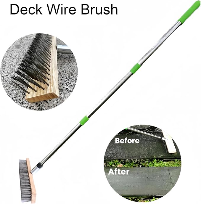 Heavy Duty Deck Scrub Brush with Long Handle, Stainless Steel Wire Stiff Outdoor Indoor Floor Brush for Powerful Cleaning, Concrete, Moss, Grout, Tile, Garage, Garden