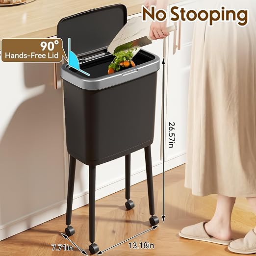Laundry Waste Basket with Wheels and Lid, High Foot 4 Gallon Narrow Garbage Can with Silver Edge, Pop Up Lid Pet Waste Trash Can with Legs, Black Plastic Garbage Bin for Kitchen, Bedroom, Toilet