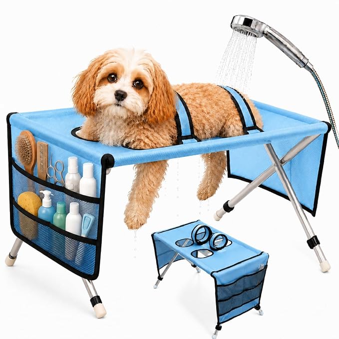 Dog Bath Hammock with Foldable Pet Bathing Stand (Upgraded Version - Blue) | For bathing, paw cleaning, nail trimming and grooming Small/Medium Dogs in showers, laundry rooms and home pet care areas