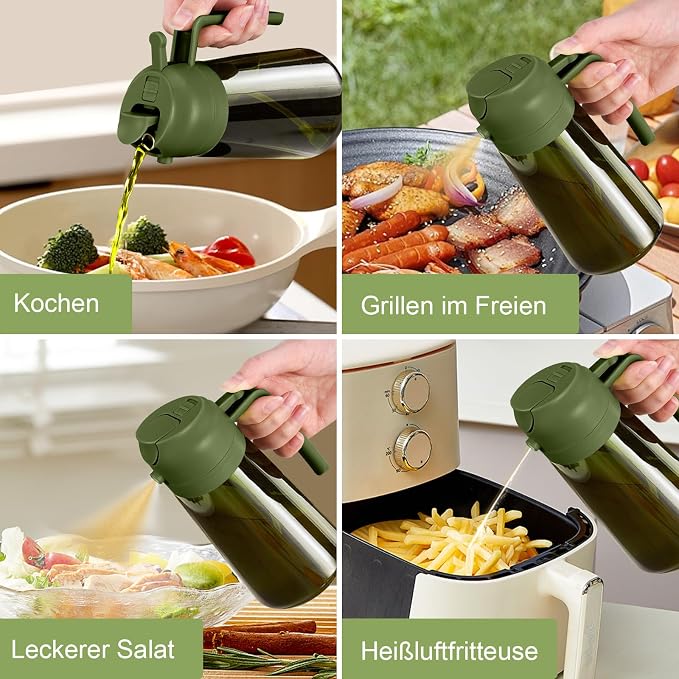 YARRAMATE 16 oz 2-in-1 Dark Glass Oil Sprayer & Dispenser, BlackOliveGreen | Light-blocking dark green glass, food-grade spray and pour bottle for cooking, air fryer, salad and BBQ
