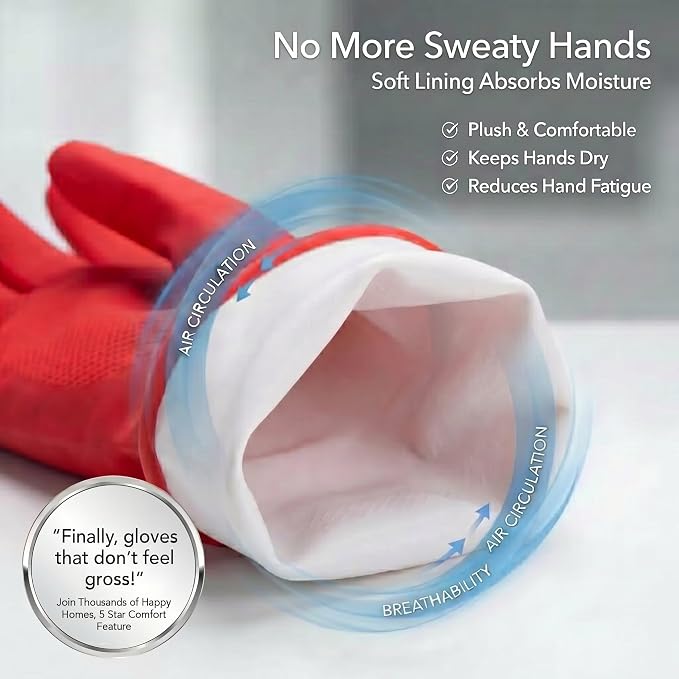 ForPro Natural Rubber Gloves, 6 Pairs Reusable Multi-Purpose Household Cleaning Gloves with Soft Inner Lining, Waterproof & Chemical-Resistant, Wild Cherry, X-Large