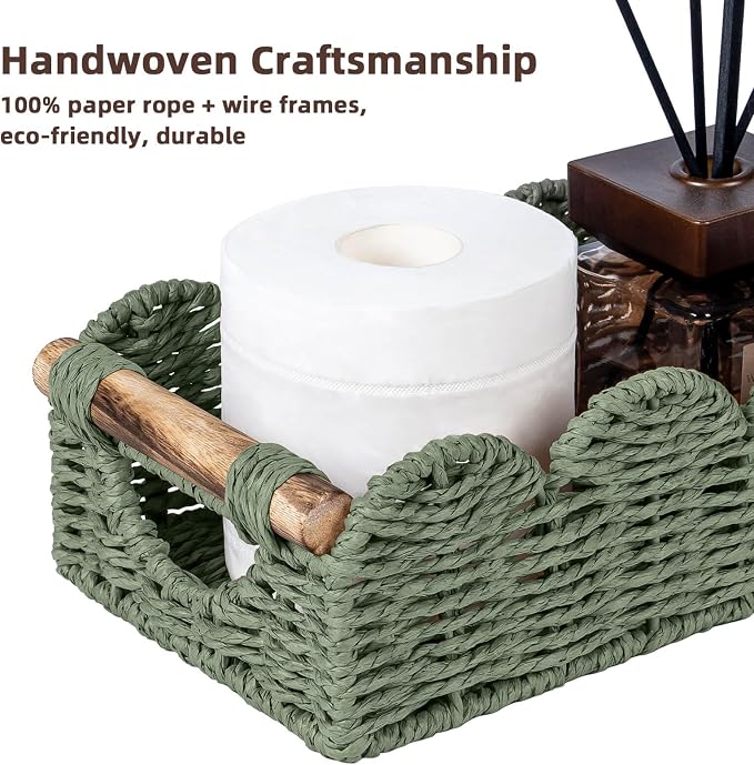 CubesLand Bathroom Basket Organizer, Toilet Decor Basket W/Cut Out Handle | Wicker Toilet Paper Storage Basket Tray, Scalloped Basket for Bathroom Countertop Decorative Also for Home Decor, Green