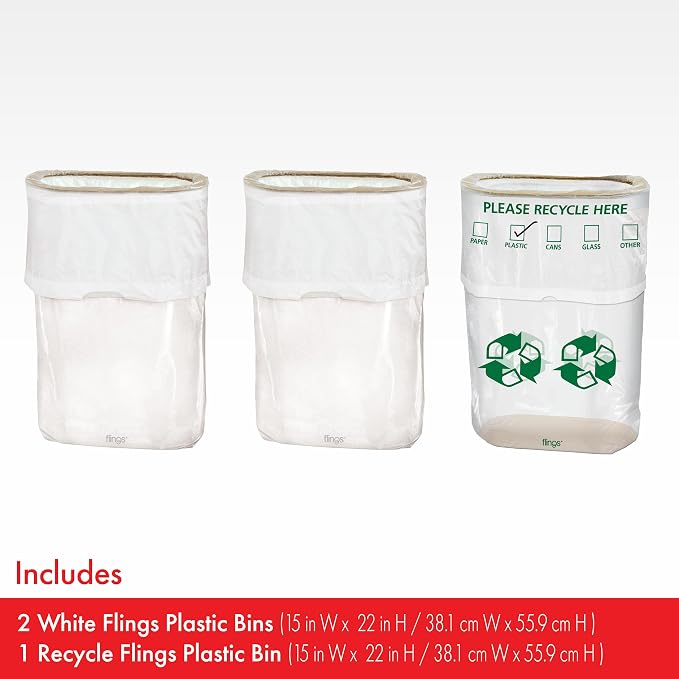 Party City Flings Plastic Bin (3-Pack) - White (2) and Recycle (1) - 22 x 15 - Stylish & Convenient Portable Waste Solution for Events & Parties