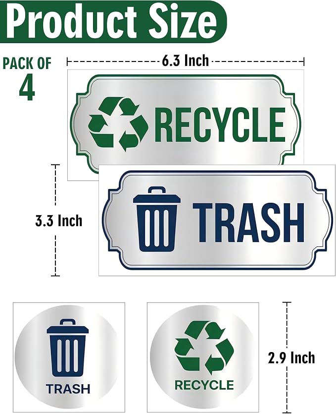 Recycle Stickers for Trash Bins 4Pcs, Waterproof Trash and Recycle Stickers | Self-Adhesive Sticker for Home, Office, Hotel, Apartment, School, Recycling Signs for Indoor/Outdoor Garbage Can