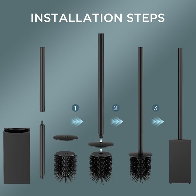 FORIOUS Stainless Steel Toilet Bowl Brush Scrubber and Holder Set Short | Black, Extended Handle, Removable Inner Bowl, Stable Splash Guard, Steel Joint, Scratch‑Resistant Bristles, for Bathroom RV