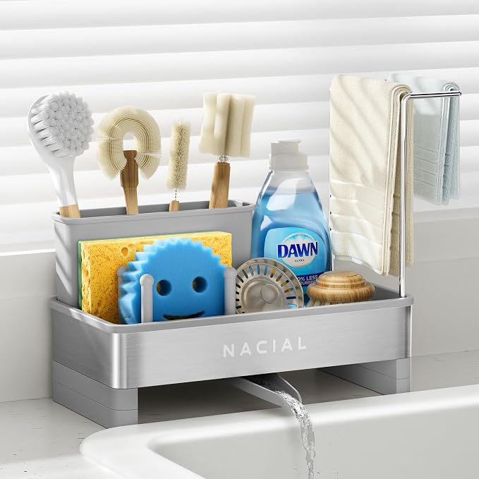 Nacial Kitchen Sink Organizer, Sink Caddy with Sponge & Tall Brush Holder | 304 Stainless Steel Kitchen Countertop Organizer with Double-Bar Towel Holder, Stores Sponge, Brush, Towel & Sink Essentials