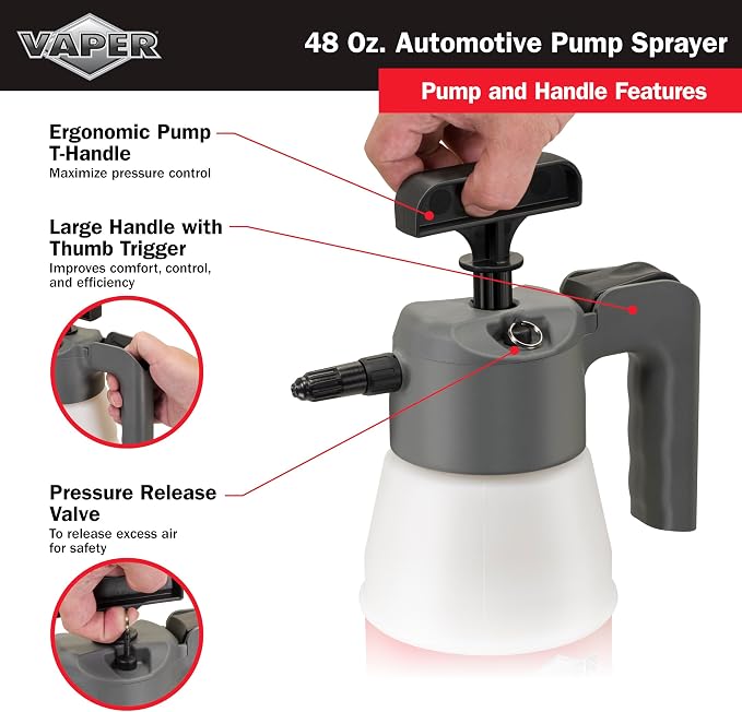 Vaper 19495 48oz Automotive Pump Sprayer, Pressurized Sprayer with Durable, High-Density Polyethylene Construction, Adjustable Nozzle for Multiple Spray Patterns