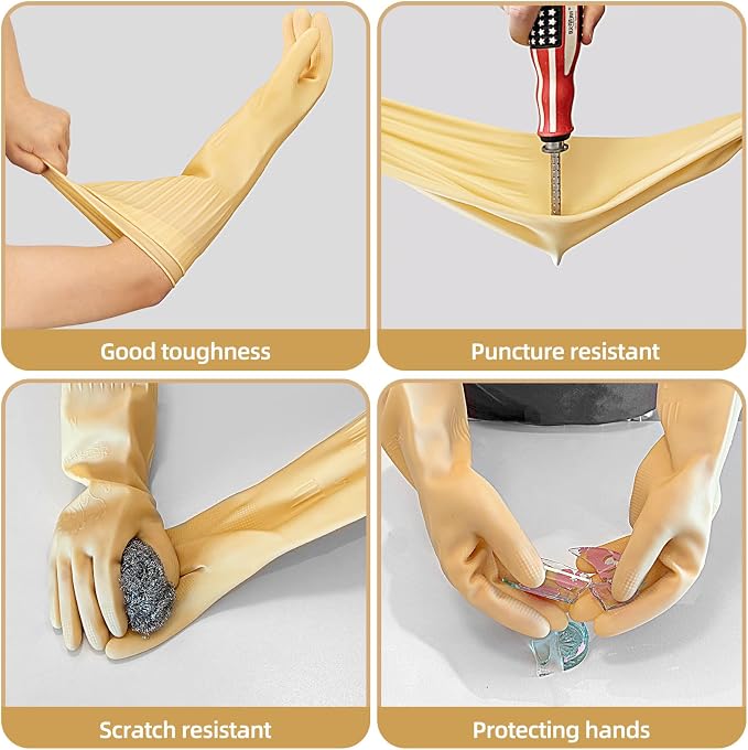 Long Rubber Cleaning Gloves for Household Dishwashing Full Arm Protecting | Reusable; Waterproof; Elbow Length 17.8 Inches; Kitchen Household Multi Cleaning; Palm Part Non-Slip Bump Design; Heavy Duty