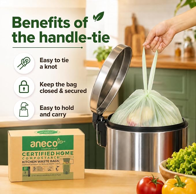 ANECO 8 Gallon Compostable Kitchen Food Waste Bags, 30 Count | With Handles, Leak-proof, For Tall Kitchen Bin, BPI & OK Compost HOME Certified