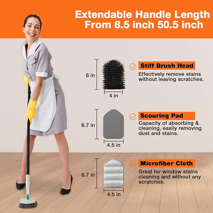 3 in 1 Scrub Cleaning Brush with Long Handle 51'' - Shower Bathtub Tub & Tile Scrubber Brush Include 1 Stiff Brush Head & 3 Scouring Pads & 3 Microfiber Clothes, for Wall Bathroom Glass Bathtub(White) | Tub & Tile Scrubber Brush of 1 Stiff Brush Head &...