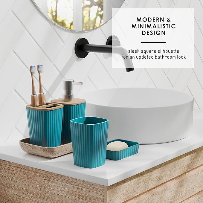 Clara Clark Bathroom Set - Teal Bathroom Accessories Set, 6PC Bathroom Accessory Set, Bathroom Sets with Toilet Brush, Trash Can & Soap Dispenser