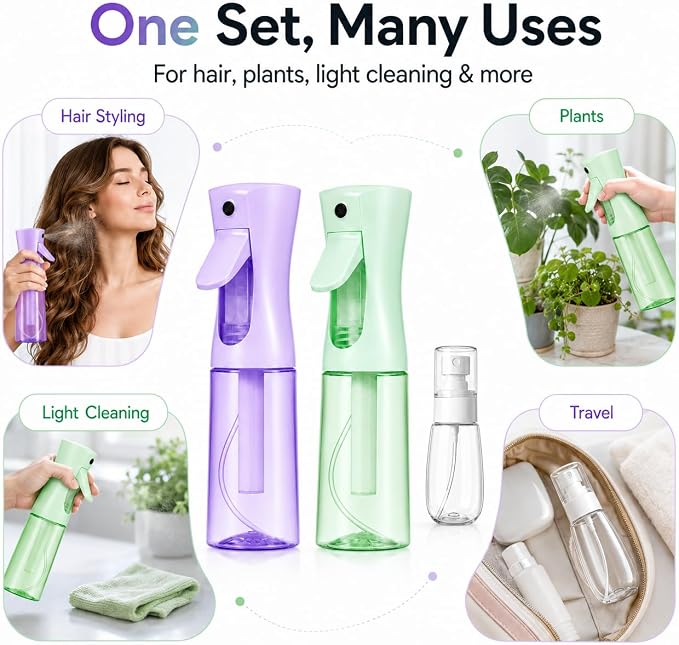 3 PCS Spray Bottles, 2-Pack Continuous Spray Bottles,Fine Water Mist Spray Bottles for Hair 6.8 OZ (200 ML) and 1oz 30ml Travel Spray Bottle Mister (Purple+Green)