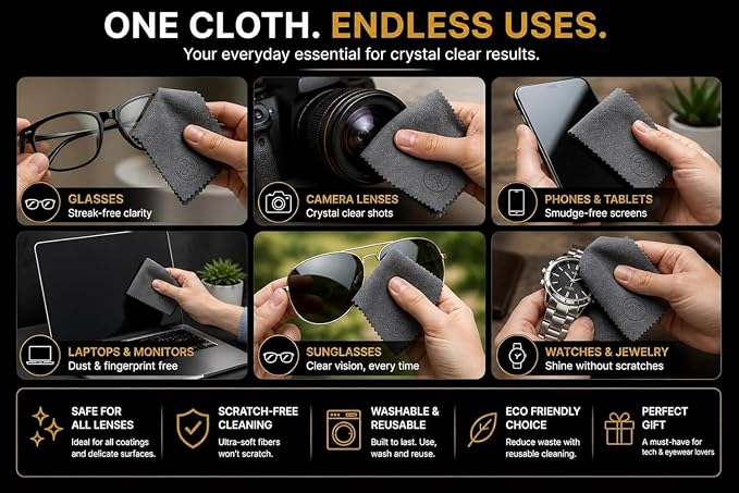 Microfiber Cleaning Cloth for Glasses & Camera – 230 GSM Ultra Soft Lens Cloth for Screens, Laptop & Tablet, Streak-Free, Lint-Free, Scratch-Safe (Multi Colours, 15x18 cm (6x7 inch))