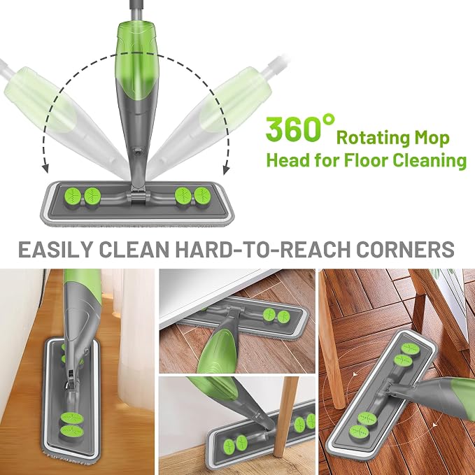 Spray Mop for Floor Cleaning - Wet Dry Mops for Multi-Surfaces | 3 Microfiber Washable Pads Compatible With Swiffer Powermop, 500+ ML Refillable Bottle, 360° Swivel Head, Grey Green