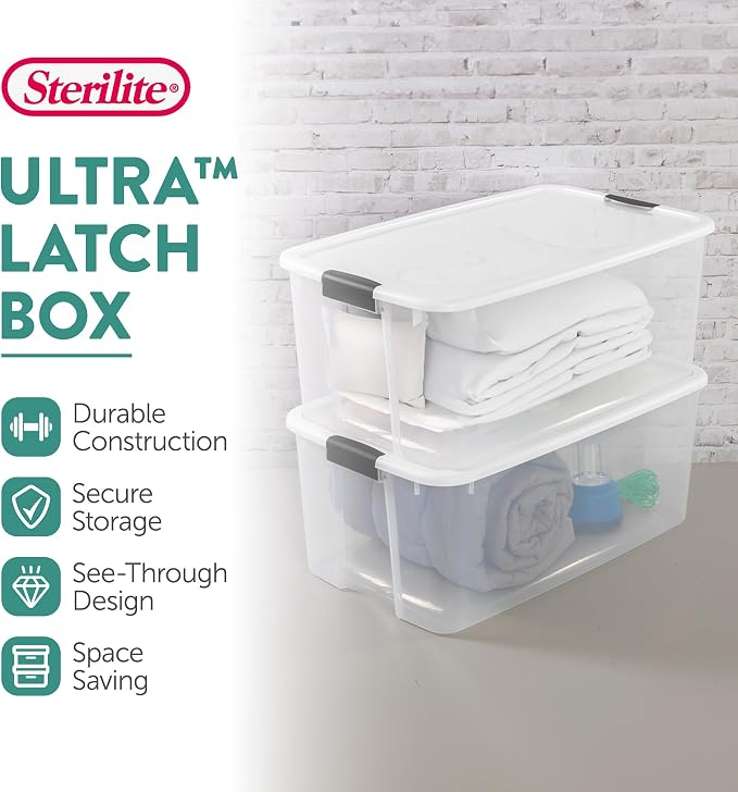 Sterilite 70 Qt Ultra™ Latch Box, Durable Clear Storage Bin w/Lid, 6 Pack