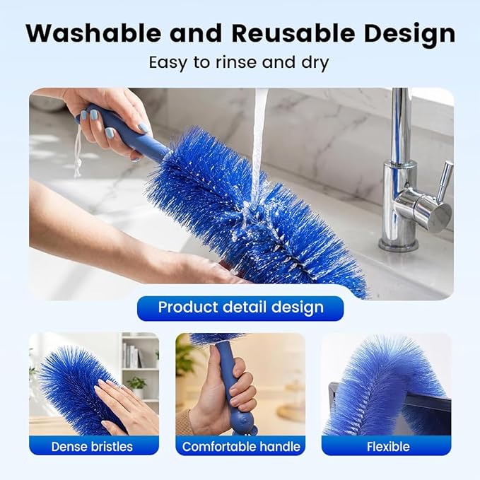Ultimate Dusting Tool, Fan Cleaning Brush, Bendable Microfiber Head, Flexible Microfiber Duster Remover Washable ldeal for Electric Fans Air Conditioning, Home Car Vents, Curtain (2pcs*Blue)