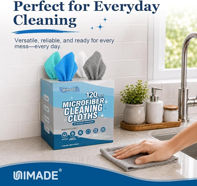 Microfiber Cleaning Cloth, 120 Pack Microfiber Towels for Cars | Reusable Paper Towels Lint Free Shop Rags with for Home Kitchen Automotive, 11"x 9", White & Grey & Light Blue & Blue