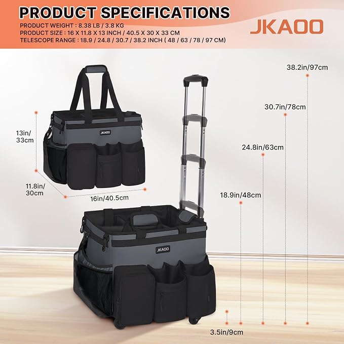 JKAOO Large Rolling Cleaning Caddy Bag with Detachable Trolley, Gray | Waterproof Cleaning Caddy with Wheels, 40L Wheeled Organizer Cart for Supplies, Housekeepers, Home, Office, Car, Picnic
