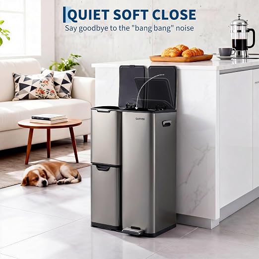 Garvee 3 Compartment Trash Can, 16 Gal Garbage and Recycle Bin Combo | 3 in 1, Triple Bins, Stainless Steel, Soft Close Lid & Foot Pedal, Removable Inner Buckets, for Home Kitchen Office, Gray