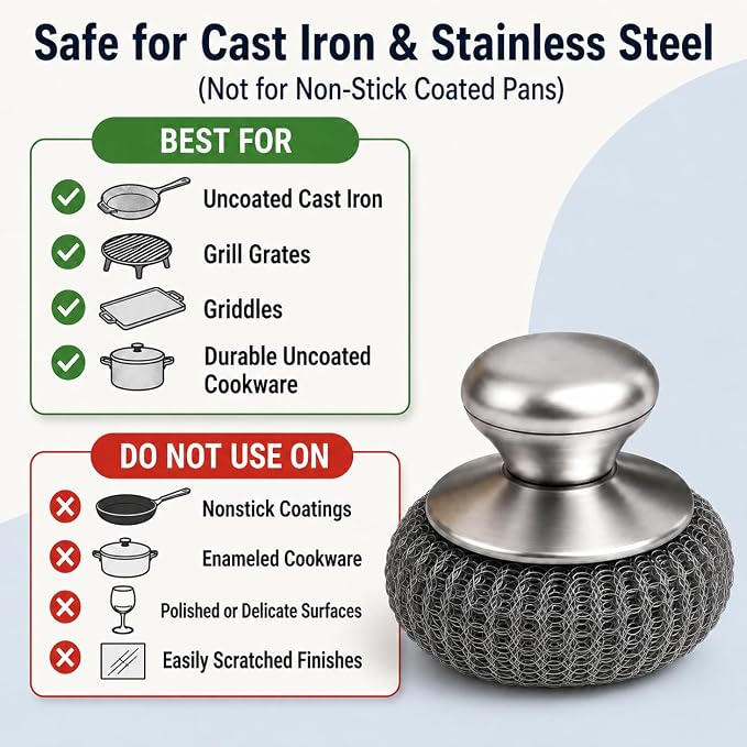Steel Wool Scrubber with Handle & 5 Refills, 8-Piece Cast Iron Scrubber Kit with 2 Pan Scrapers, Heavy Duty Stainless Steel Scrubber for Kitchen Sink, Grill, Griddle, and Pots