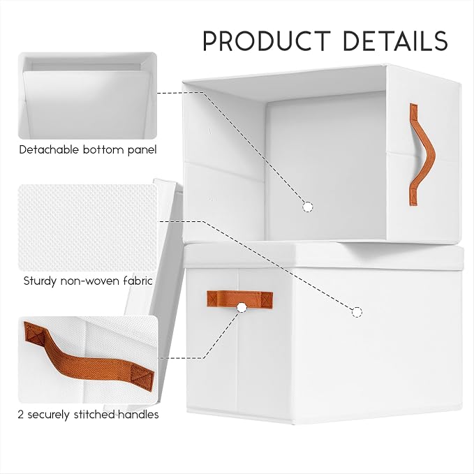 Storage Bins with Lids - Fabric Storage Baskets for Shelves, 8 Pack Foldable Decorative Boxes with Handles, Stackable Organizer Bins for Home, Nursery, Dorm, White