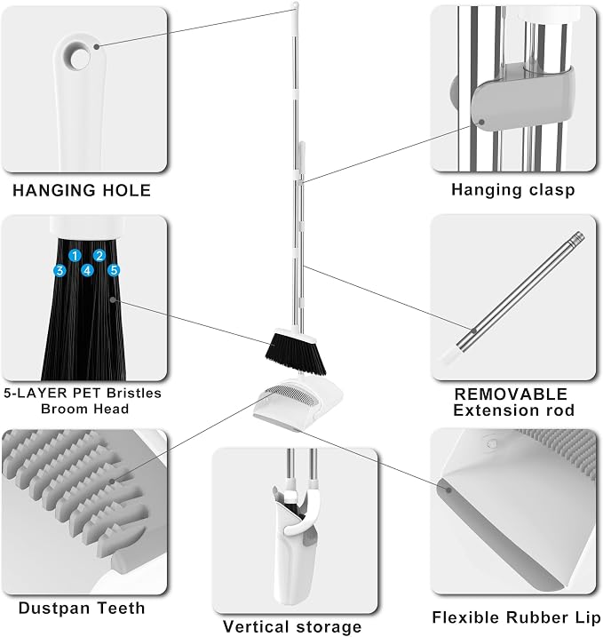 Broom with Dustpan Combo Set for Home, 52-in Long Adjustable Handle Angle Broom and Dustpan Set with Dustpan Comb Teeth for Sweeping Pet Hair Food Dirt Kitchen (White-Grey)