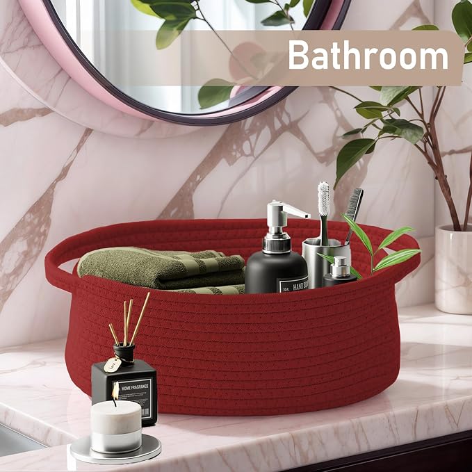 JMvicyroam Small Woven Basket, Empty Gift Basket, Red/1 Pack | Small Gift Basket, Cotton Rope, 12 x 8 x 21 in, Handles, Includes Ribbon and Bag, Birthday Gift Basket