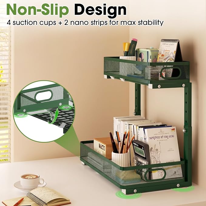 Under Sink Organizer, 2-Tier Pull-Out Cabinet Storage Shelf, Dark Green | Under Kitchen Sink Organizer, 5 Height Adjustable, Sliding Mesh Drawers for Bathroom Pantry Laundry Organization Rack