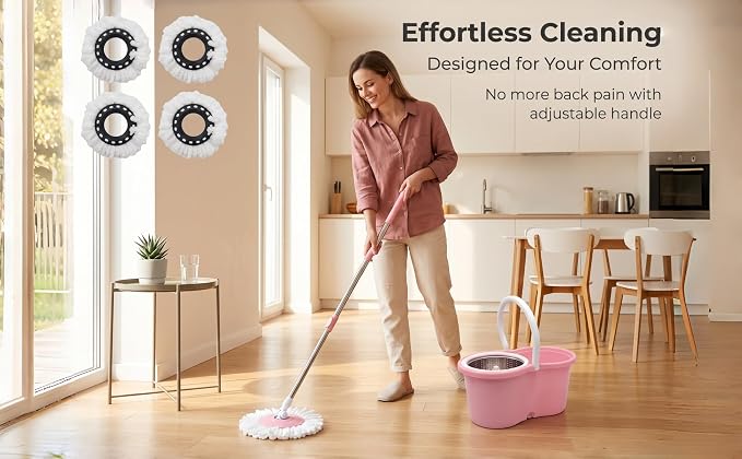Spin Mop and Bucket Floor Cleaning System with 4 Refills,Pink | Stainless Steel Basket, Hands-Free Wringing, 360° Rotating Head, Adjustable Handle, Machine Washable Refills