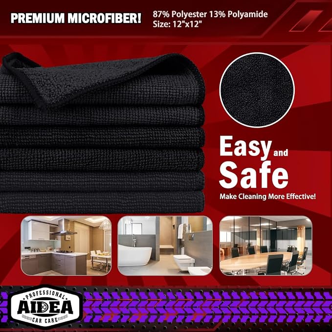 AIDEA Microfiber Cleaning Cloth Black 50PK, Cleaning Rags 12×12" | Microfiber Towels for Cars, Dusting Cloth Lint Free Microfiber Rags, Cleaning Towels for SUVs, House, Kitchen, Workshops