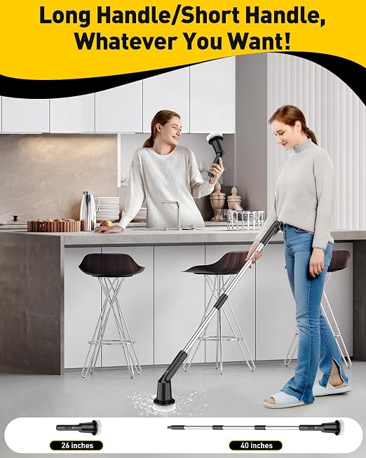 Electric Spin Scrubber for Bathroom, Shower Scrubber with Long Handle | Shower Cleaner Brushes, IPX7 Waterproof & 2 Speed, 3 Brush Heads, 90min Runtime, Bathroom Cleaning Supplies for Toilet Tub